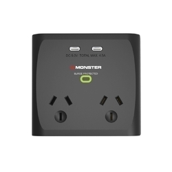Monster Dual Socket Surge Protector with Dual USB-C Ports - Black