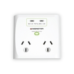 Monster Dual Socket Surge Protector with Dual USB-C Ports - White