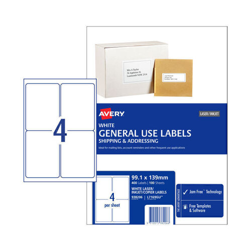 Avery Label General Use 99.1x139mm (4 Up) - Box of 100