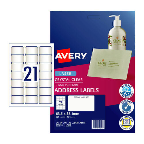 Avery Address Label Clear 63.5x38.1 (21 Up) - Pack of 25