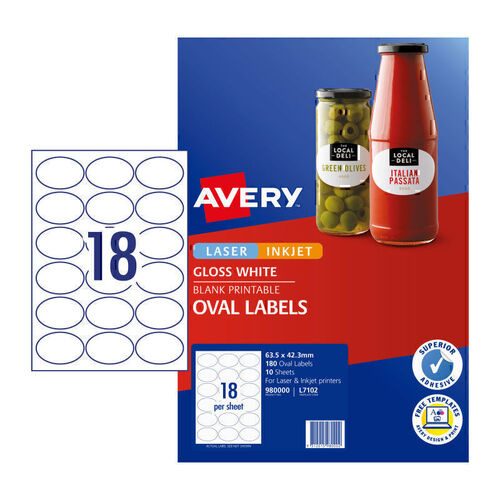 Avery Label Gloss Oval 63.5x42.3 (18 Up) - Pack of 10