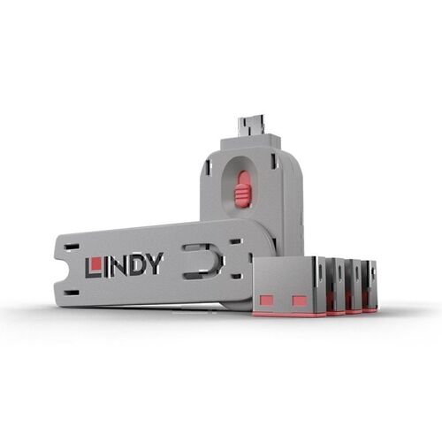 Lindy USB-A Port Blocker - 4 Pack + Key - Pink