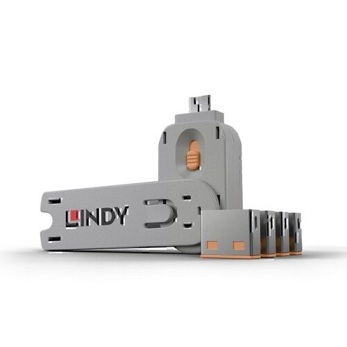 Lindy USB-A Port Blocker - 4 Pack + Key - Orange