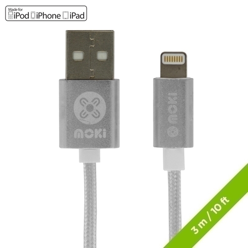 Moki King Size Braided Lightning SynCharge Cable - Silver 