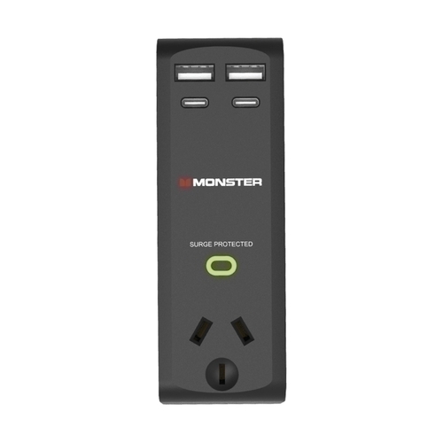 Monster Single Socket Surge Protector with USB-C &amp; USB-A Ports - Black