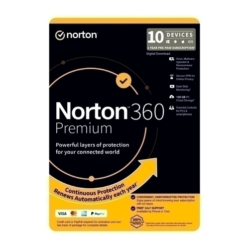 Norton 360 Premium Protection - 1 User 10 Devices 1 Year Sub