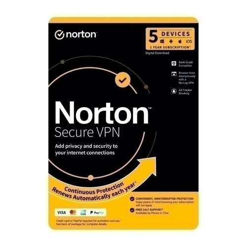 Norton Secure VPN - 1 User 5 Devices 1 Year Sub