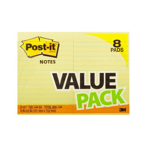Post-It Lined Notes Canary Yellow 101 x 152mm 8-Pack