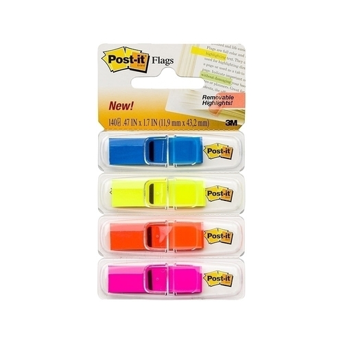 Post-It Flags Blue Yellow Orange Pink 12 x 43mm 4-Pack - Box of 6